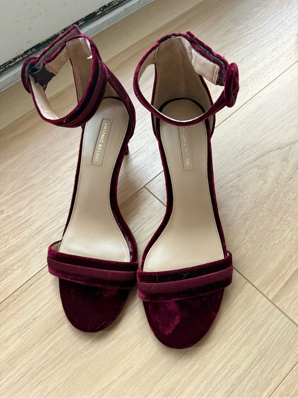 ANTONIO MELANI Wine Velvet Open-Toe Ankle-Strap Heels